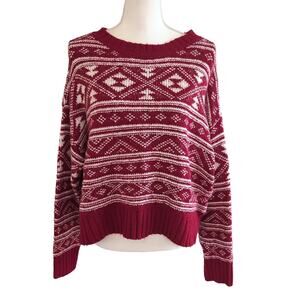 American Eagle Red White Holiday Fair Isle Crewneck Knit Sweater Size M